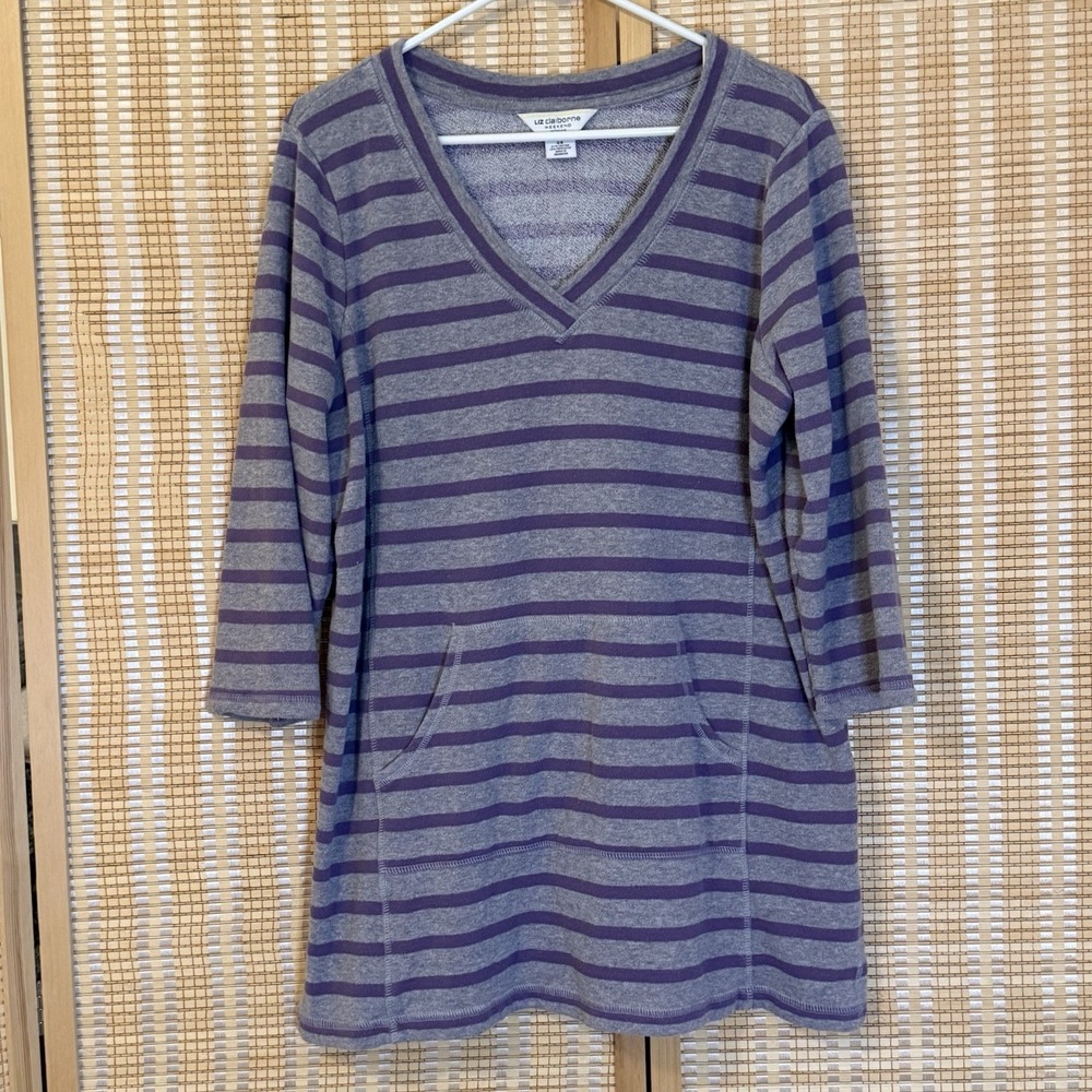 Liz Claiborne Womens OX/14‎ Tunic Sweater Stripe  Gray Purple Leisure Resort Vac